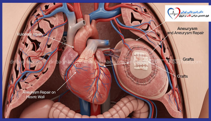 نمای داخلی قفسه سینه که قلب، ریهها، و ترمیم آنوریسم (Aneurysm Repair) با استفاده از گرافت (Grafts) بر روی دیواره قلب و عروق را به صورت شماتیک نشان میدهد. عمل قلب با لیزر، ترمیم آنوریسم با گرافت