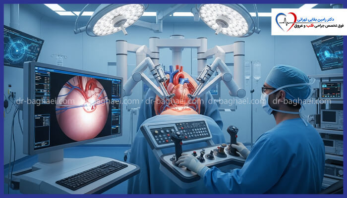 تصویری از اتاق عمل پیشرفته که یک جراح در حال انجام جراحی قلب رباتیک با استفاده از کنسول کنترل و نمایشگرهای مانیتورینگ است.