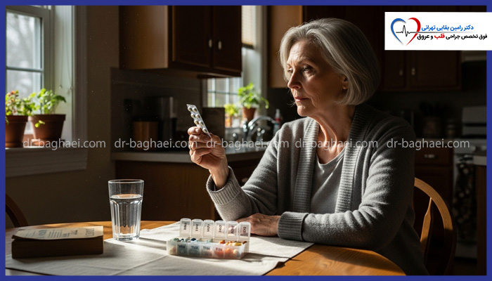 تصویر یک زن مسن را نشان میدهد که در کنار یک جعبه تقسیم قرص و لیوان آب، در حال نگاه کردن به بستهی داروهای خود است.