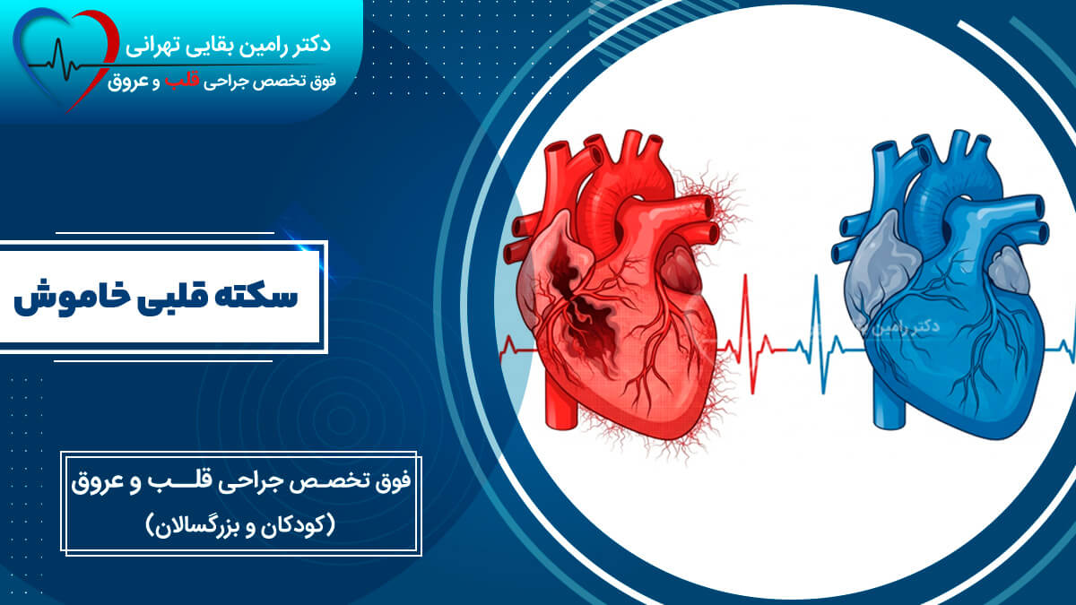 Infographic on silent heart attack اینفوگرافیک با عنوان "سکته قلبی خاموش"، که دو تصویر از قلب انسان (یکی قرمز و دیگری آبی) را به همراه نمودار نوار قلب نشان میدهد.