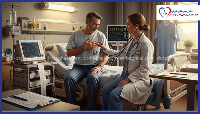 پزشک (زن) در حال معاینه قلب یک بیمار (مرد) میانسال در بیمارستان با گوشی پزشکی. بیمار دستش را روی قفسه سینه قرار داده و به نظر میرسد از درد رنج میبرد. مانیتور علائم حیاتی در کنار تخت فعال است. در پسزمینه نام دکتر رامین بقایی تهرانی (فوق تخصص جراحی قلب و عروق) دیده میشود.