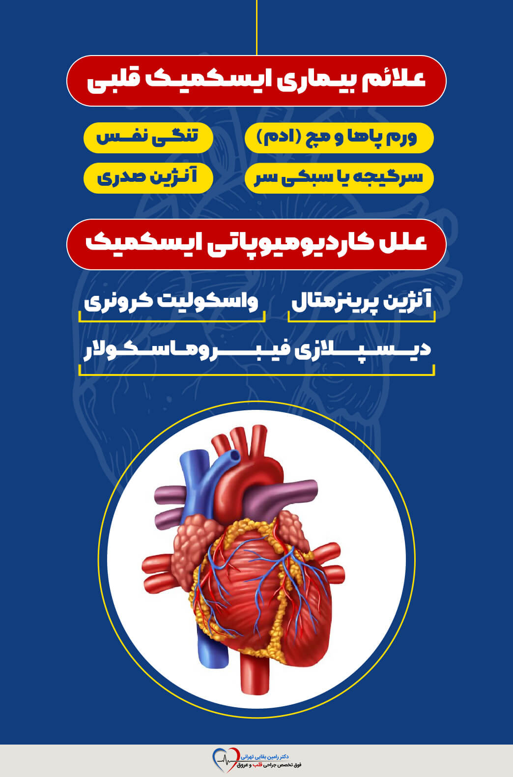 اینفوگرافیک با عنوان "علائم و علل بیماری ایسکمیک قلبی" که شامل مواردی مانند تنگی نفس، ورم پا، آنژین صدری و علل دیگر است.