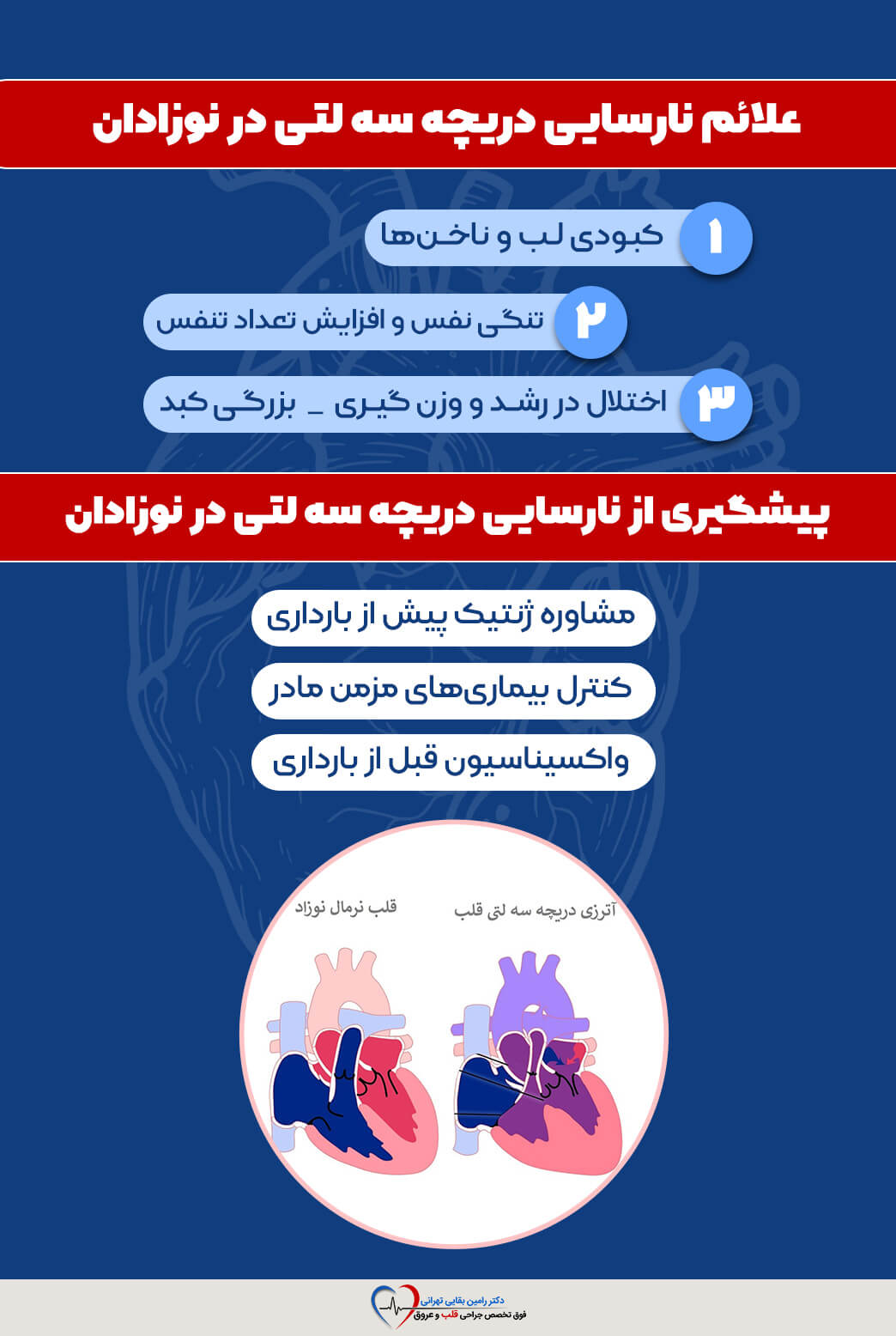اینفوگرافیک آموزشی شامل علائم (مانند کبودی لب، تنگی نفس، اختلال رشد) و روش‌های پیشگیری از نارسایی دریچه سه‌ لتی در نوزادان. همچنین مقایسه‌ای شماتیک بین قلب نرمال و آترزی دریچه سه‌ لتی.