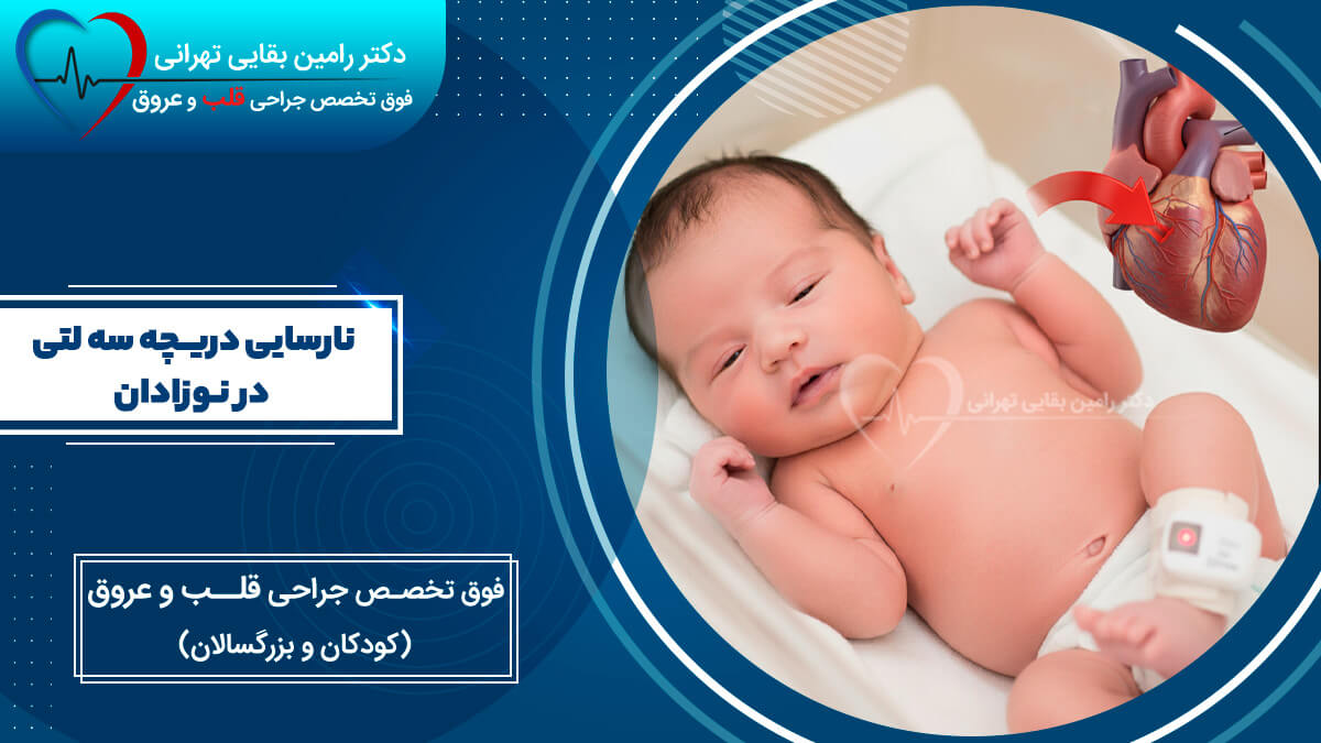 تصویر ترکیبی شامل یک نوزاد آرام در پیش زمینه، همراه با نمودار پزشکی نیمه شفاف قلب که نارسایی دریچه سه لتی با فلش برگشت خون و عنوان نارسایی دریچه سه لتی در نوزادان را نمایش میدهد.