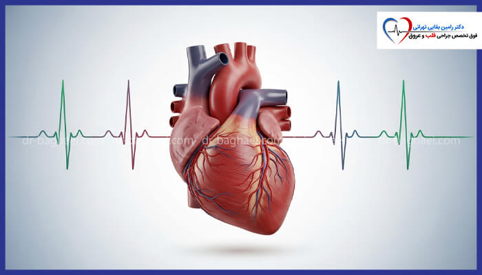 نمای سه‌بعدی از یک قلب سالم انسان در پس‌زمینه یک نوار قلب (ECG) رنگی که نشان‌دهنده فعالیت الکتریکی قلب است.