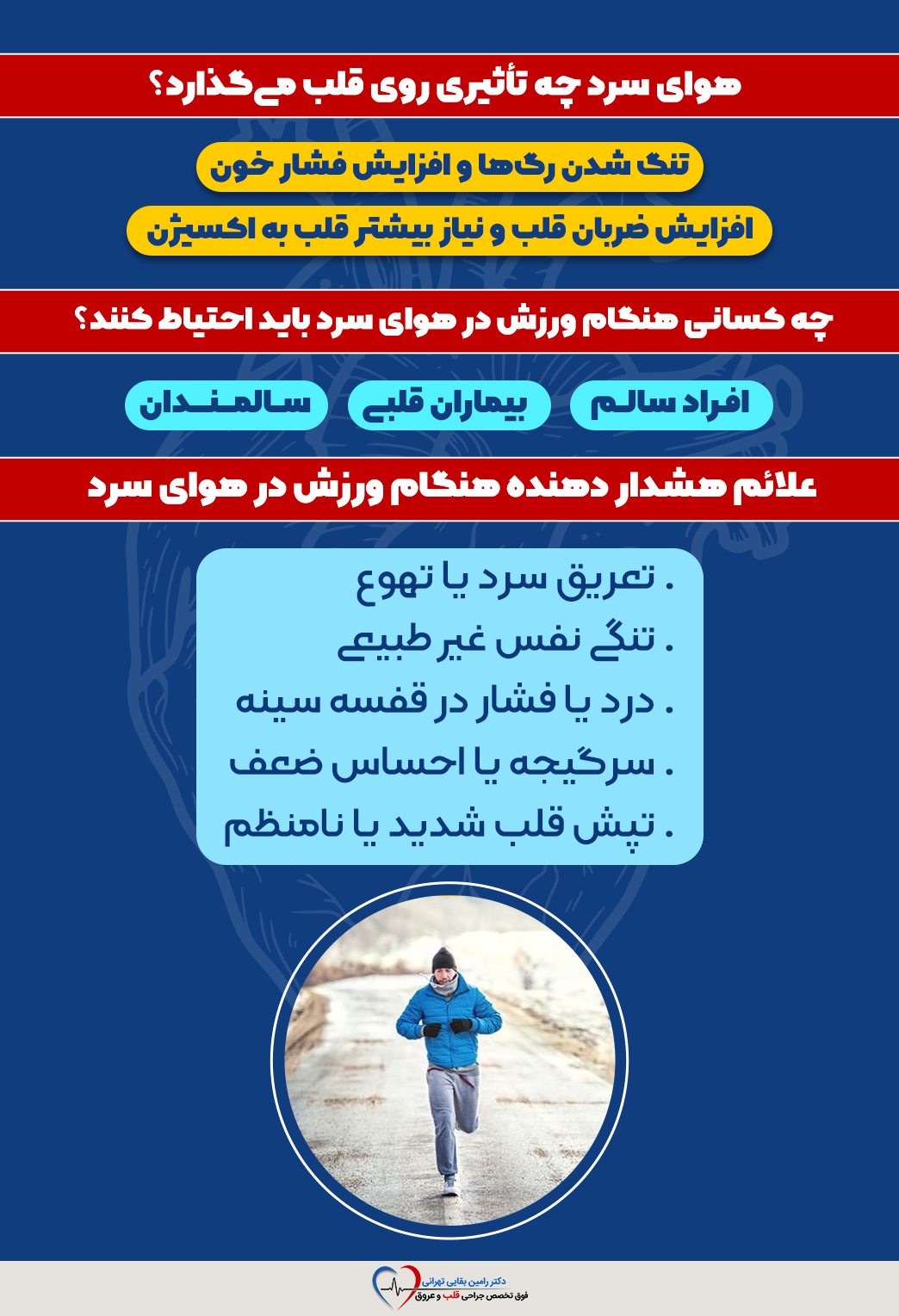 اینفوگرافیک آموزشی در مورد تأثیر هوای سرد بر قلب، گروههای حساس و علائم هشداردهنده هنگام ورزش در سرما.