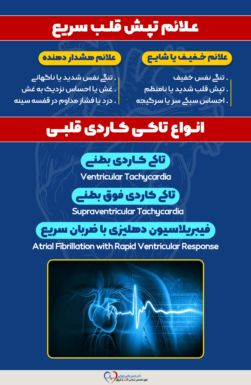 اینفوگرافیک آموزشی شامل علائم تپش قلب سریع (خفیف و هشدار دهنده) و معرفی انواع تاکی کاردی بطنی و دهلیزی.
