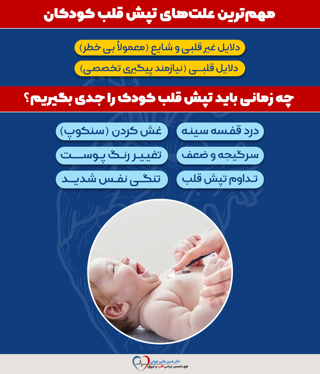 اینفوگرافیک مهمترین علتهای تپش قلب در کودکان و علائمی که نیاز به بررسی پزشکی دارند مانند درد قفسه سینه، غش کردن و تنگی نفس.